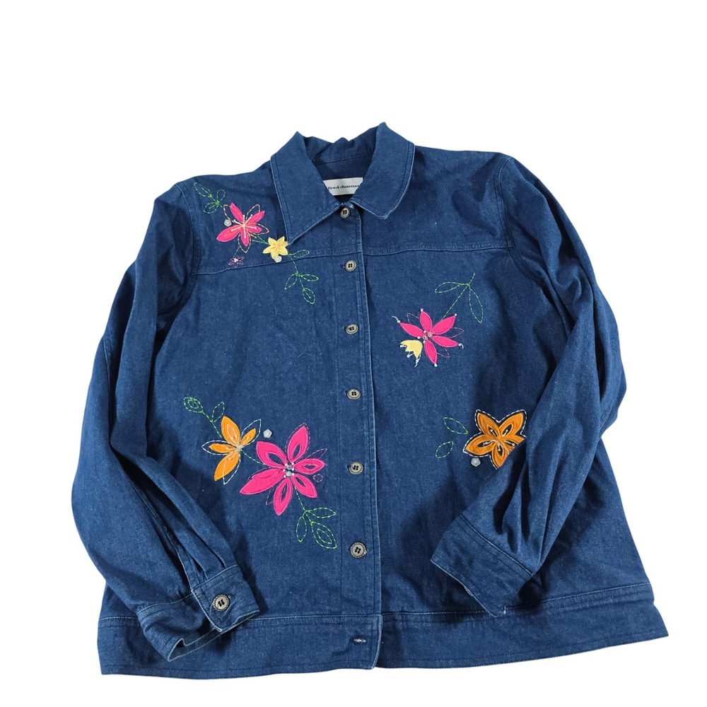 Alfred Dunner Womens Blue Denim Floral Embroidered Button Front Jacket Size 12